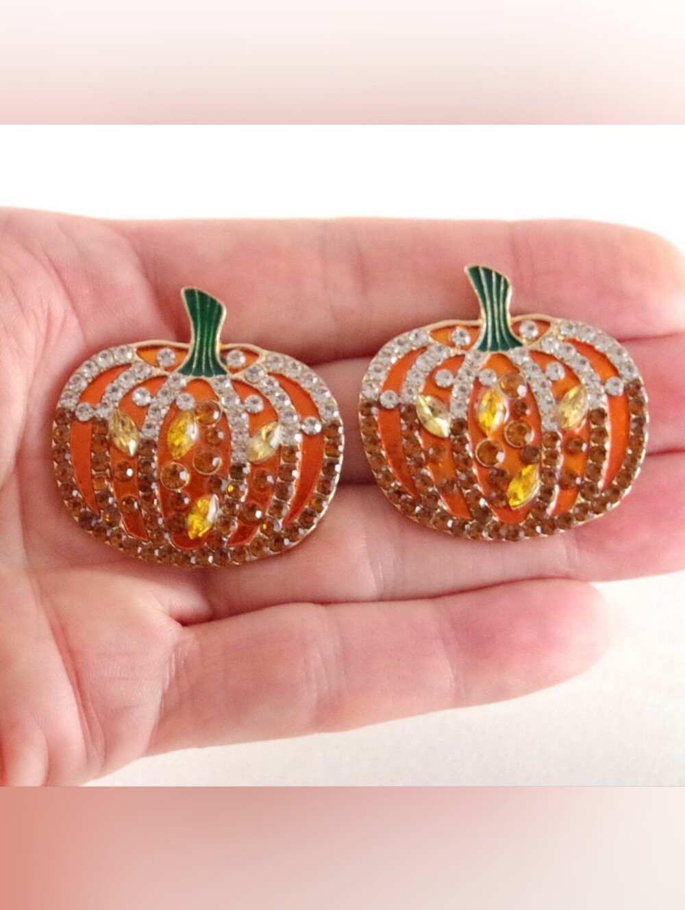 2 Pumpkin Crystal Stud Earrings - Orange & Green